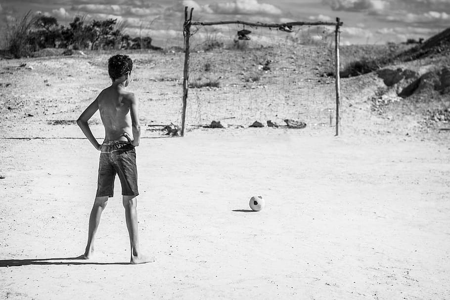 man, standing, front, goal, net, soccer ball, people, boy, kid, playing