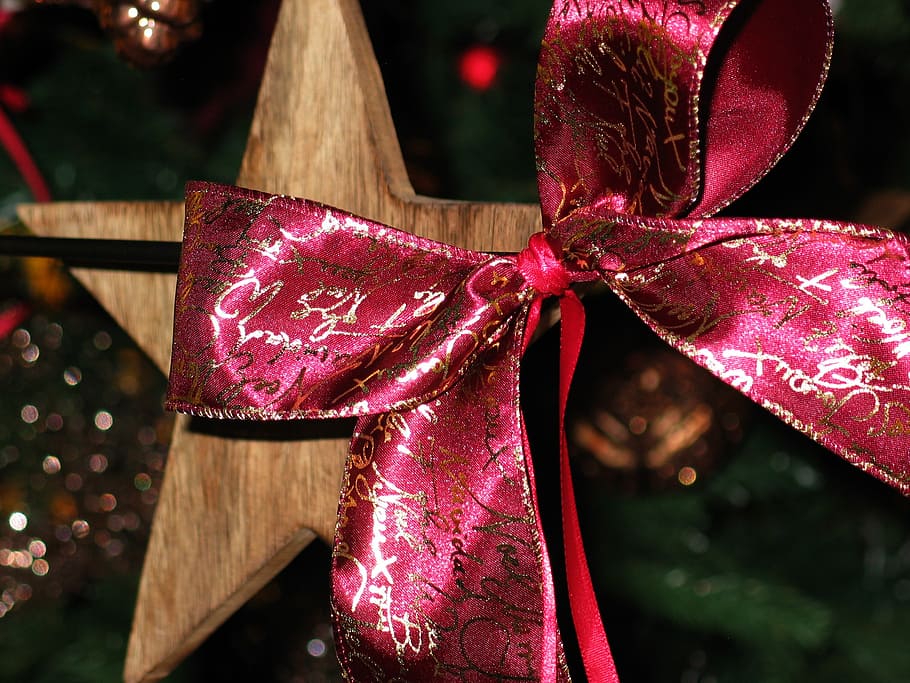 close-up photo, red, brown, bow, wooden, star, loop, christmas, gift, decoration