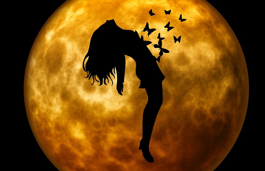 silhouette, woman, butterflies, front, moon, evening, night, moonlight, float, witch