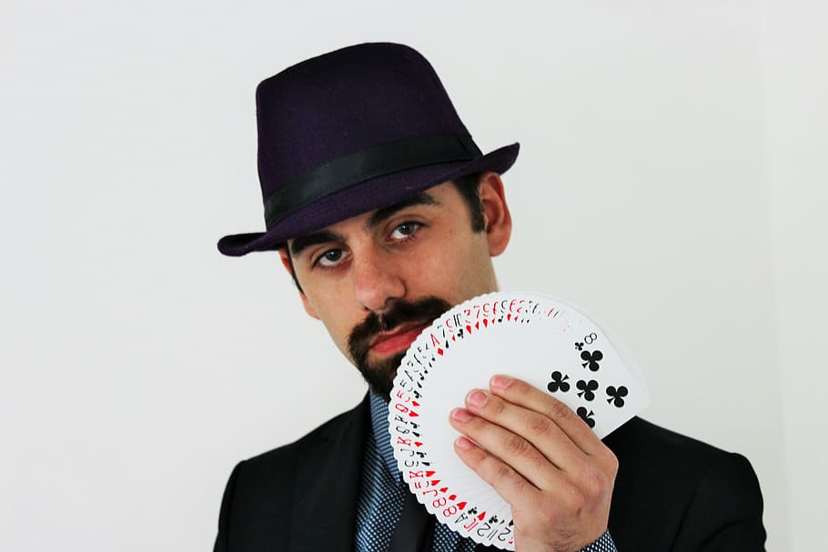 man, holding, playing, cards, magician, magic, attention, hat, one person, clothing