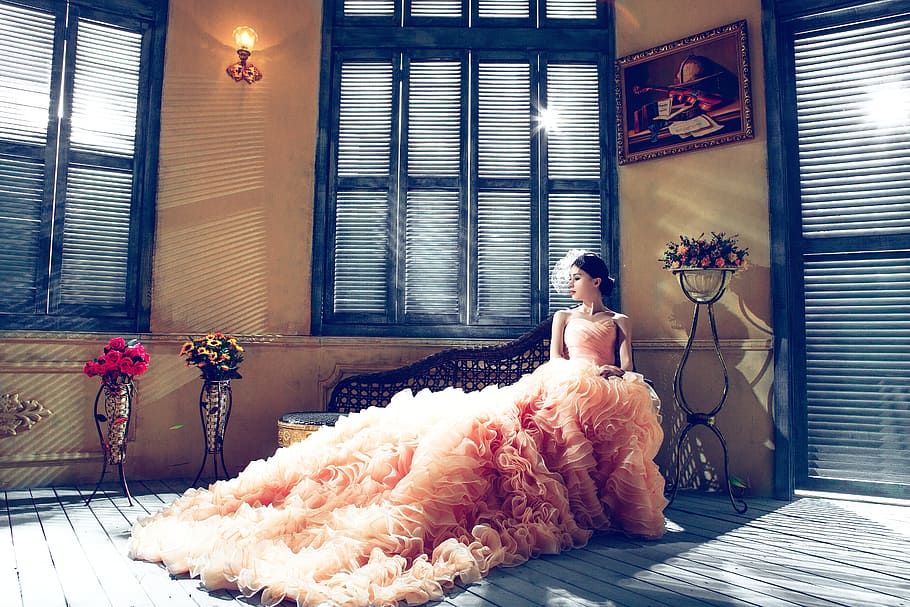 woman, wearing, pink, ruffled, dress, wedding dresses, castle, bride, indoors, adult