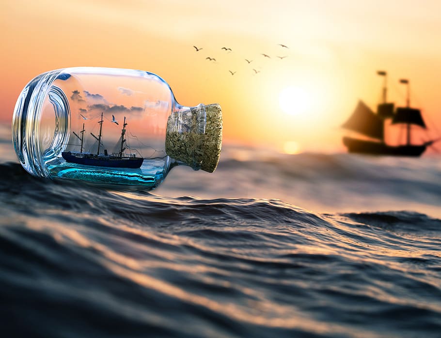 laut, matahari terbenam, perahu, kapal, botol, manipulasi, photoshop, pixabay, air, langit