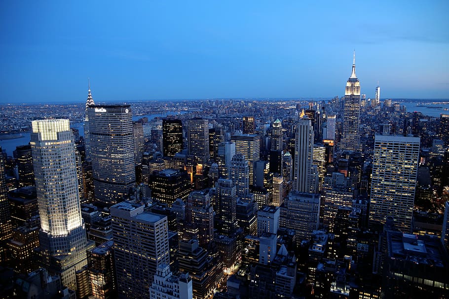 bangunan kaca, biru, fotografi langit, siang hari, new york, kota, pencakar langit, negara-negara bersatu, bangunan, nyc