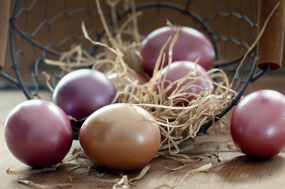 several, organic, eggs, black, metal fruit basket, easter eggs, basket, color, colored, egg