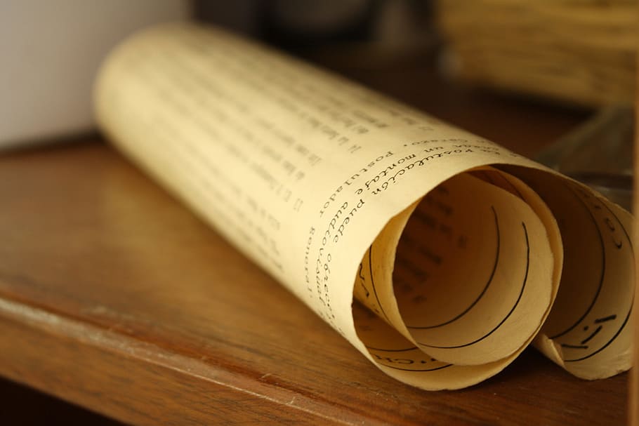 white, scroll, brown, wooden, surface, Parchment, Contract, Paper, Document, old