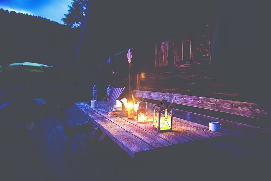 lanterns on table, wooden, picnic, table, lamps, night, time, photography, house, home