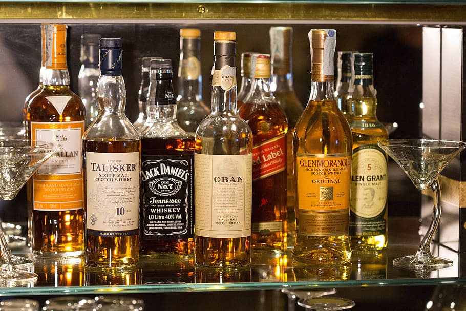 liquor bottles, glass shelf, bottles, whisky, glass, liquors, crystal, labels, drink, bottle