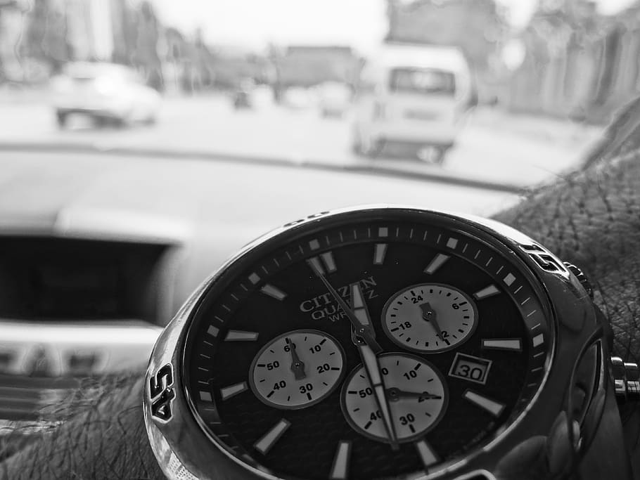 grayscale photography, person, wearing, citizen chronograph, watch, black and white, black and white photo, hand, time, clock