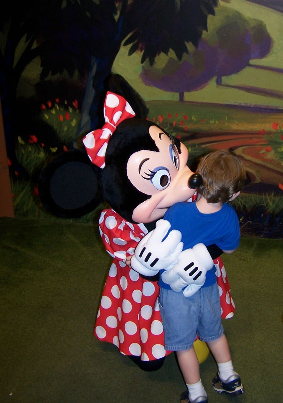 minnie mouse, hug, disney, child, magic kingdom, boy, childhood, representation, real people, toy