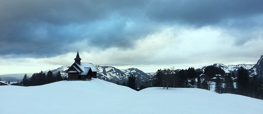 stoos, schwyz, the muota valley, snow, winter, panorama, nature, sky, chapel, cold
