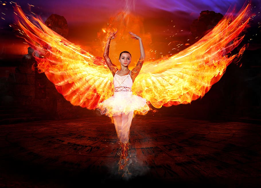 female, character, fire wings artwork, angel, fire, woman, mystical, figure, atmosphere, wing