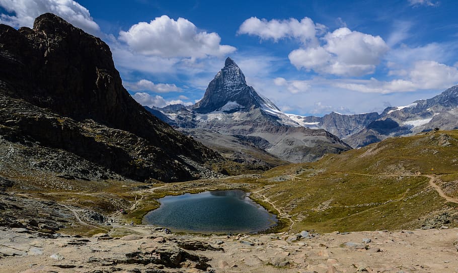 호수가 내려다 보이는 산, 호른, 산, 알파인, 스위스, 발레, 풍경, 등산, 시리즈 4000, 자연