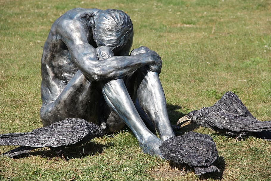 man, sitting, front, three, black, crows statue, Loneliness, Sadness, Bird, Reverie