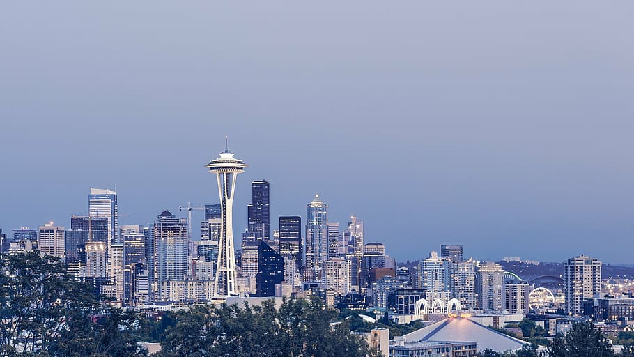 space needle, daytime, buildings, city, cityscape, downtown, panoramic, seattle, sky, skyline