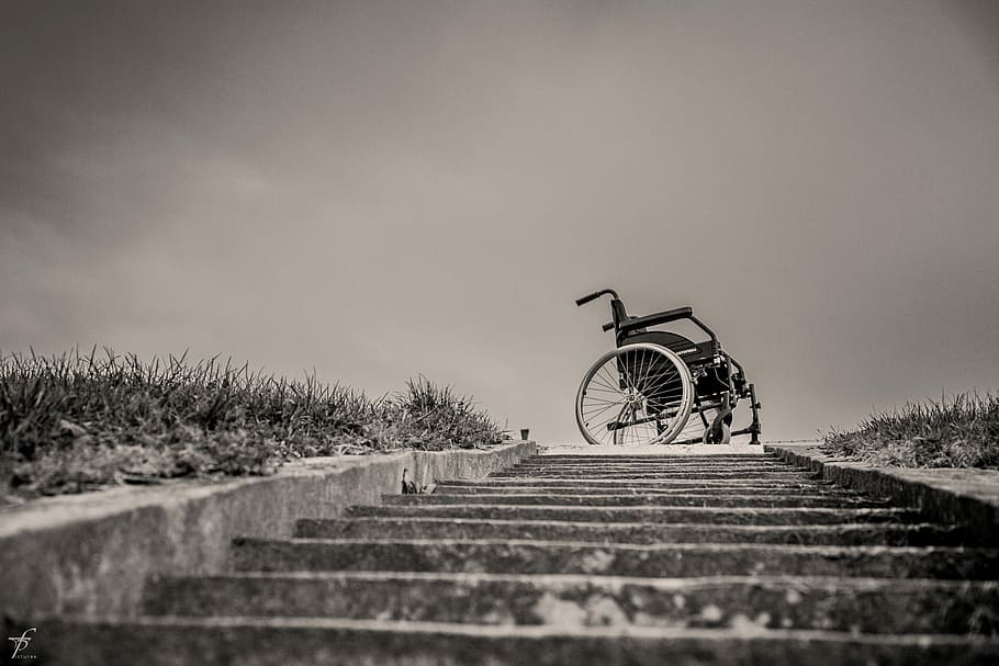 greyscale photography, stairs, wheelchairs, top, greyscale, photography, on top, wheelchair, lonely, physical