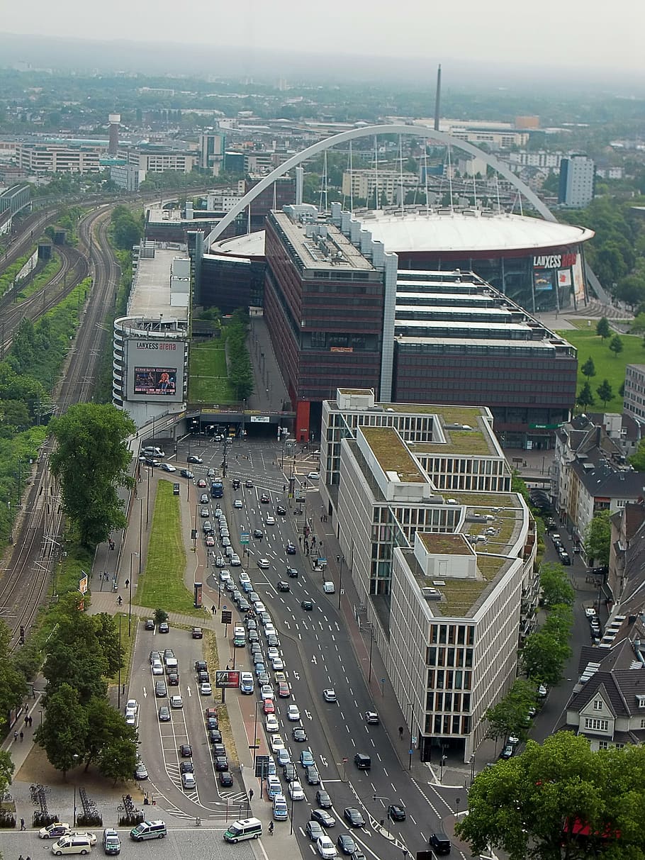 cologne, traffic, jam, autos, city, road, lanxess arena, aerial view, built structure, architecture