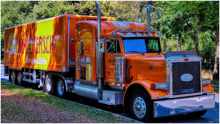 truck, road, orange, trailers, hanover, ernst august, brauhaus, grille, exhaust pipes, large