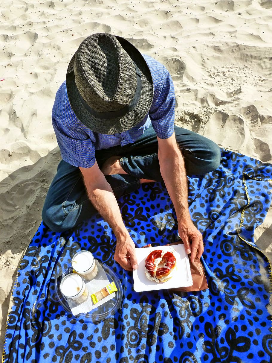 picnic, beach, man, human, coffee, pastries, cream puff, summer, holiday ceiling, hat