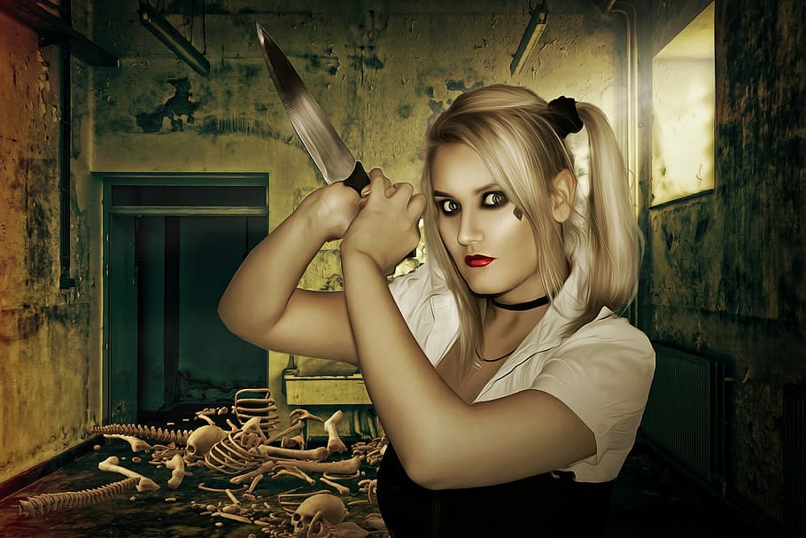 harley quinn cosplay, woman, girl, female, young, beauty, blonde, pigtails, portrait, horror