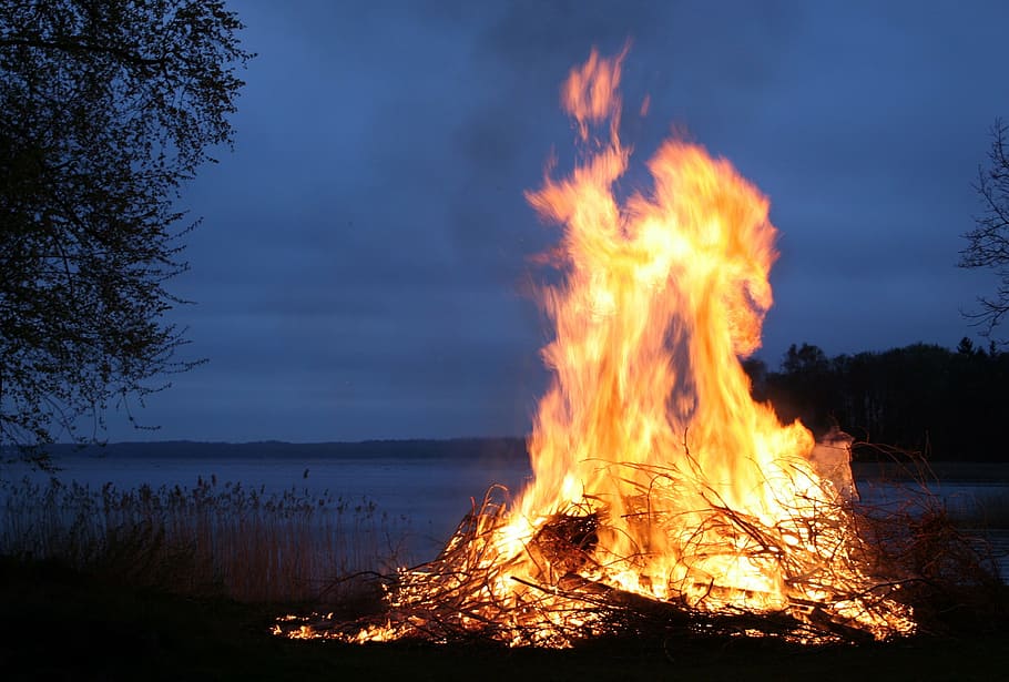 untitled, sweden, fire, flames, bonfire, sky, clouds, night, evening, silhouette