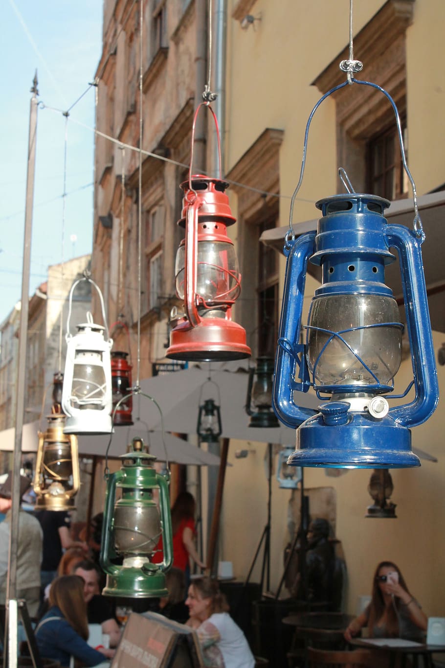 ligero, calle, ornamento, Ucrania, Leópolis, café, luces, cosas viejas, lámparas de queroseno, romance