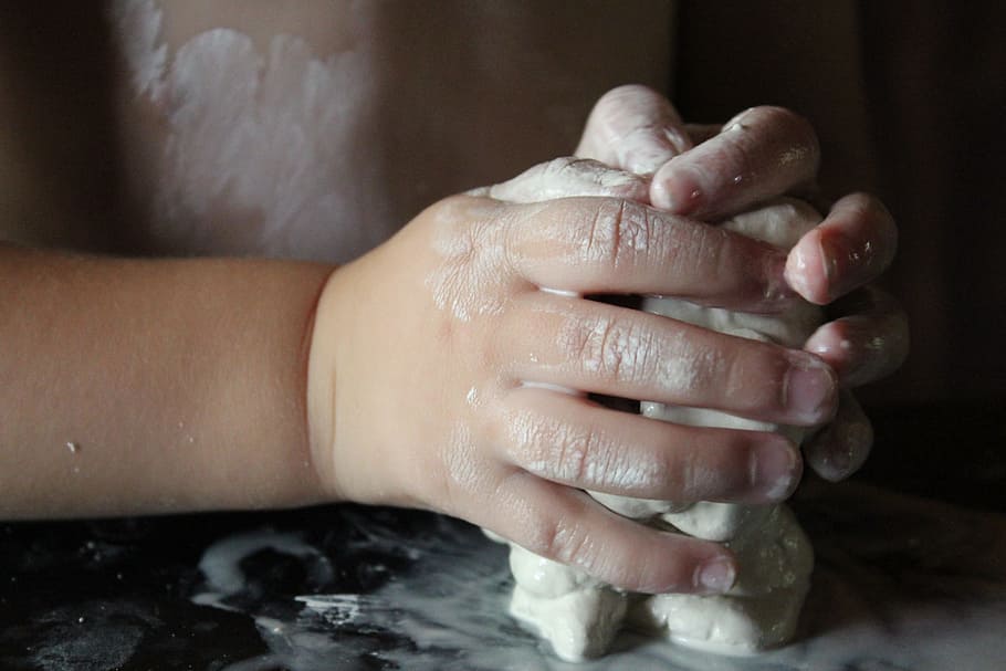 toddler, holding, white, clay, hand, hands, smudging, create, children, preschool
