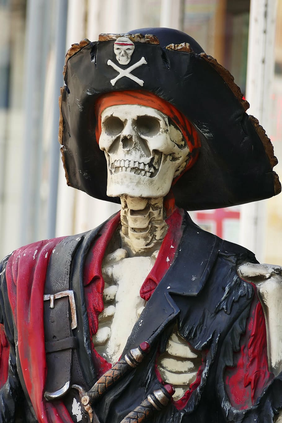 red, black, skeleton, pirate costume, daytime, pirate, skull, symbol, bone, danger