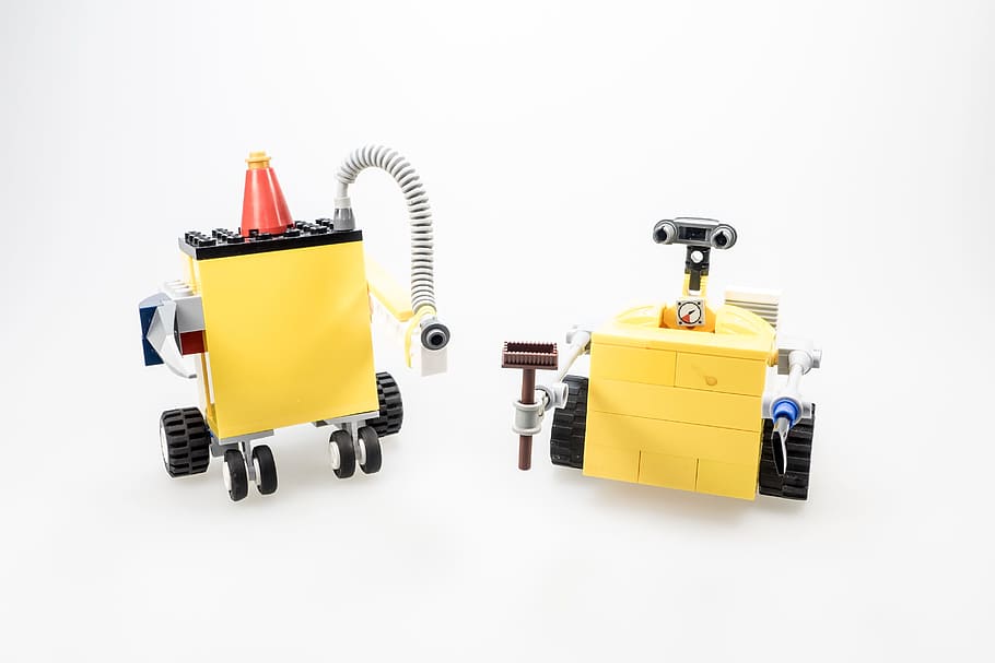 two, yellow, industrial, machines, Lego, Wall-E, Figure, Cult, Computer, robot