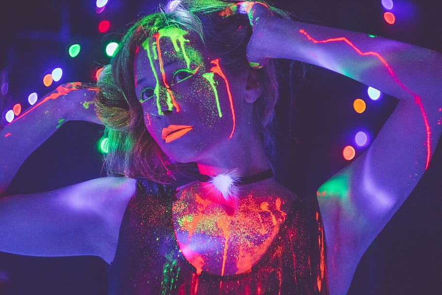 neon, shine, ultraviolet, club, entertainment, girl, paint, the unusually, night, bright
