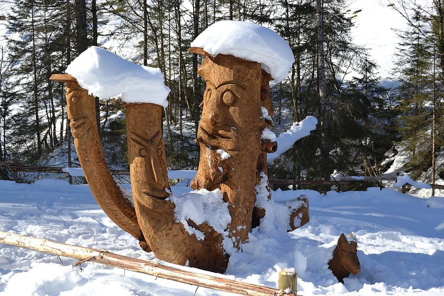 aschau, áustria, inverno, alpino, escultura, madeira, neve, kitzbühel, os Alpes kitzbühel, cultura
