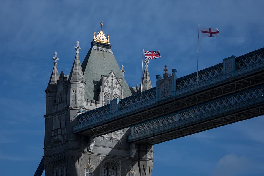 architecture, travel, sky, city, bridge, london, england, tower bridge, built structure, flag