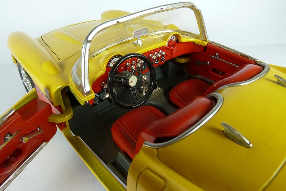 chevrolet, corvette, 1957, 1x18, model mobil, bburago, gaya retro, teknologi, kuning, merah