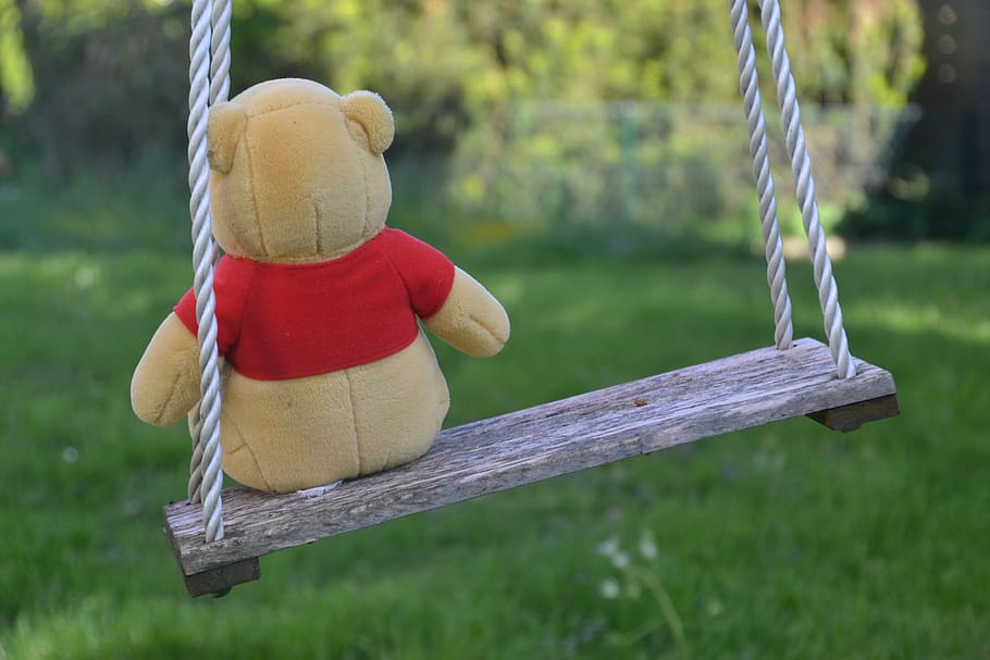 swing, kids rocking, rock, garden, teddy bear, bears, plush, winnie the pooh, furry teddy bear, toy