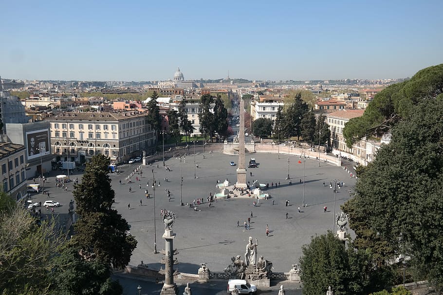 rome, piazza del popolo, fontana, monument, architecture, built structure, building exterior, city, tree, high angle view