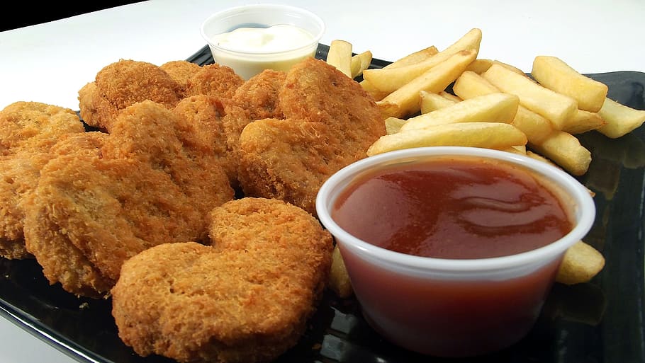 nuggets, french, fries, chicken nuggets, dip, sauce, grilled, bbq, food and drink, food