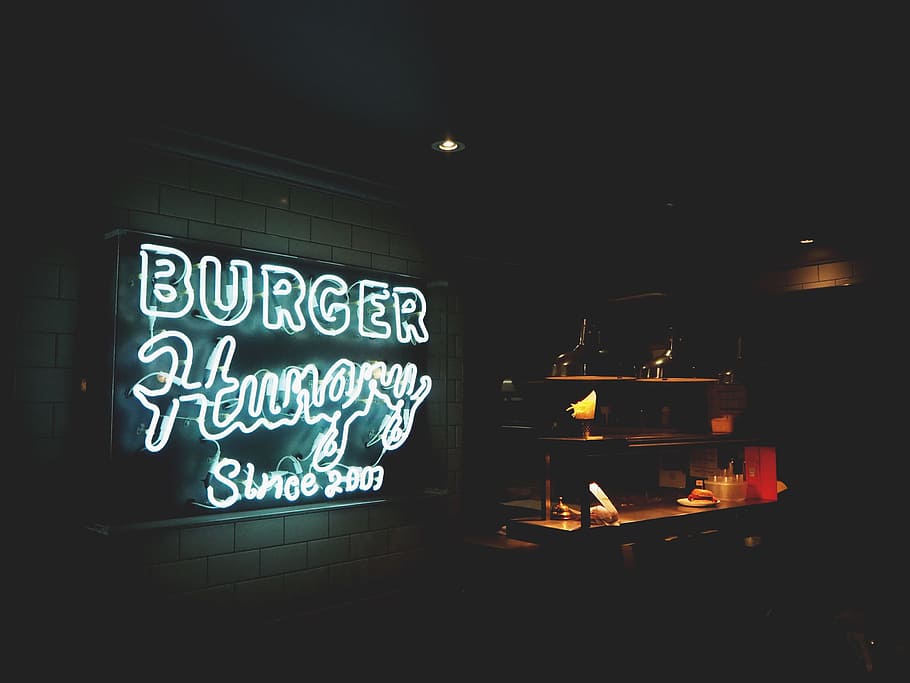 signage, restaurant, burger, store, night, text, western script, illuminated, communication, neon