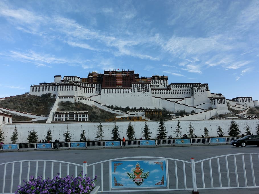 istana potala, lhasa, putih, bangunan, istana, arsitektur, struktur yang dibangun, bangunan eksterior, langit, alam