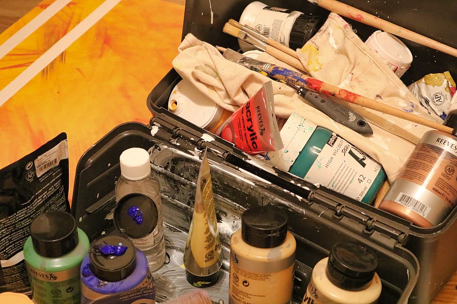 paints, painting, acrylics, acrylic, paint, paintbrush, paint box, container, indoors, high angle view