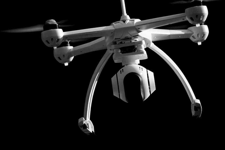 white quadcopter, drone, quadrocopter, black and white, black background, flying machine, rc, model, propeller, rotors