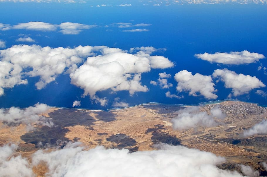 Céu, nuvens, deserto, areia, vista do avião, altura, de cima, nuvem - céu, natureza, azul