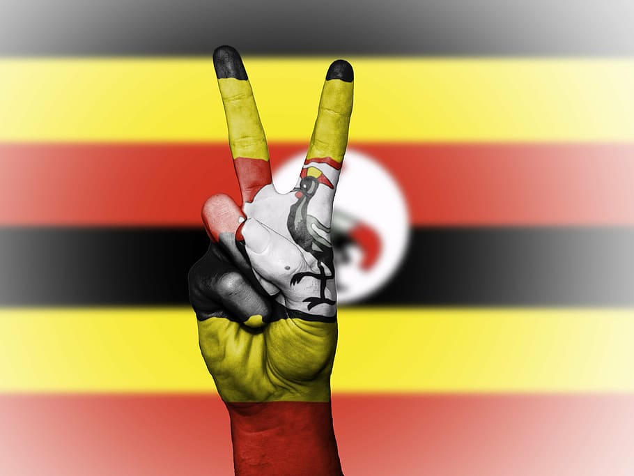 Uganda, paz, mano, nación, fondo, bandera, colores, país, insignia, icono