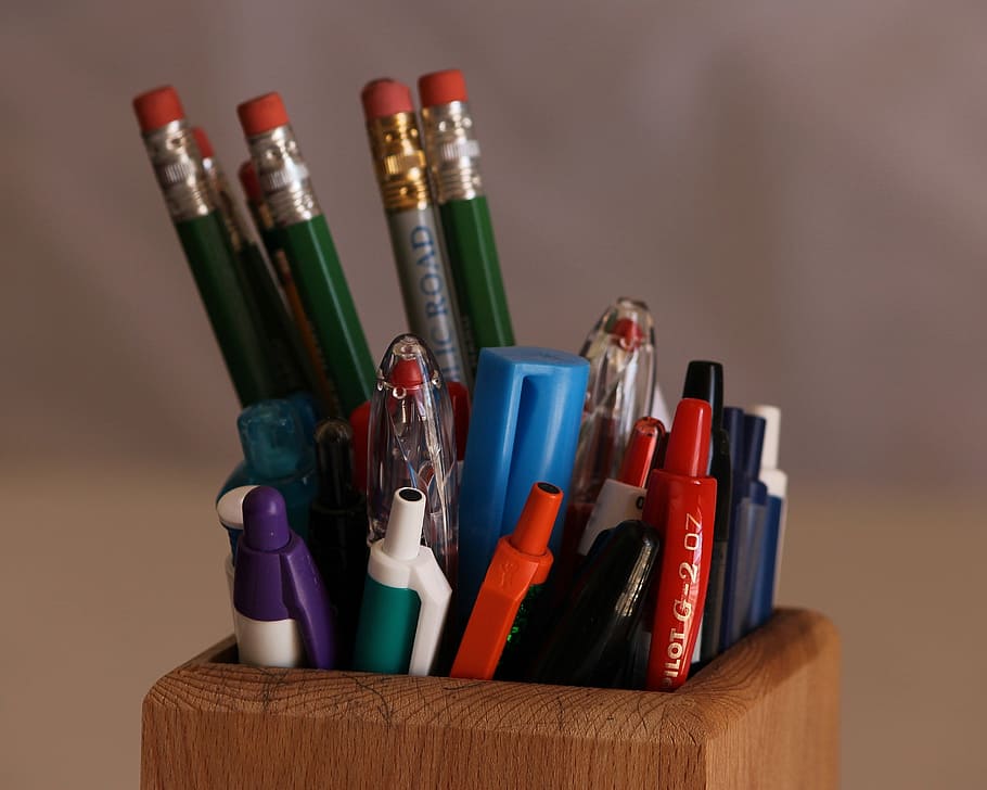 assorted-color pencil, pens, brown, wooden, pen rack, pencils, ink pens, pencil box, lead, graphite
