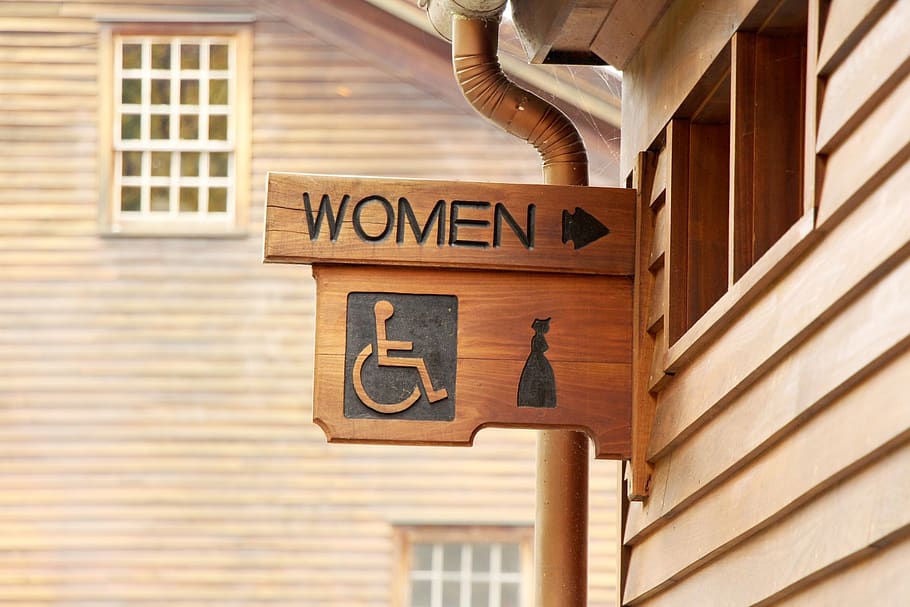 restroom, public convenience, wooden, sign, women, point, facility, text, architecture, communication