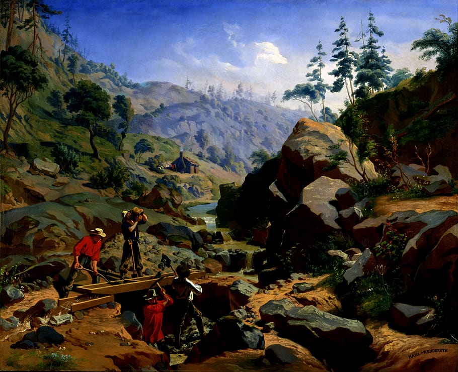 Charles Christian Nahl, pemandangan, langit, awan, batu, berbatu, jurang, Lembah, hutan, pohon