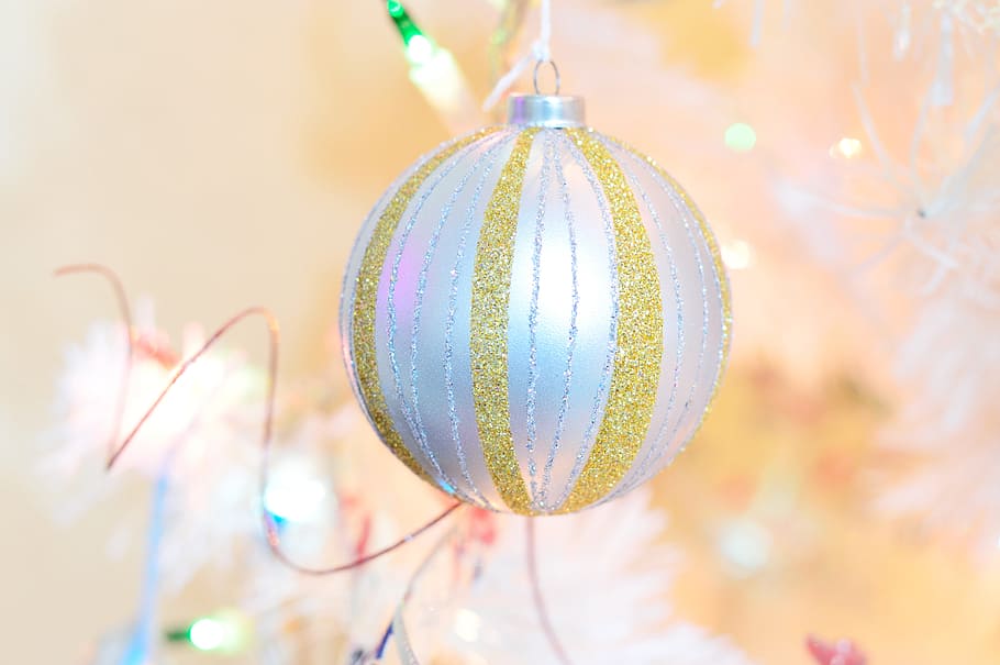 white, gold glitter bauble, sphere, tree, gold, silver, christmas, pine, ornament, celebration