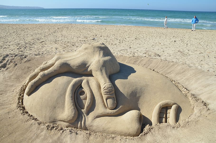sand beach, art, artwork, sand sculpture, land, beach, sea, sand, water, nature