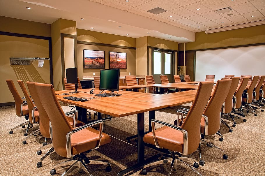 brown, wooden, tables, rolling, chairs, inside, office, boardroom, course, presentation