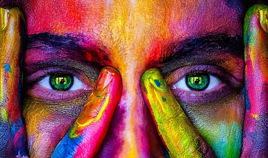 closeup, person, paint, girl, color, rainbow, model, woman, eyes, view