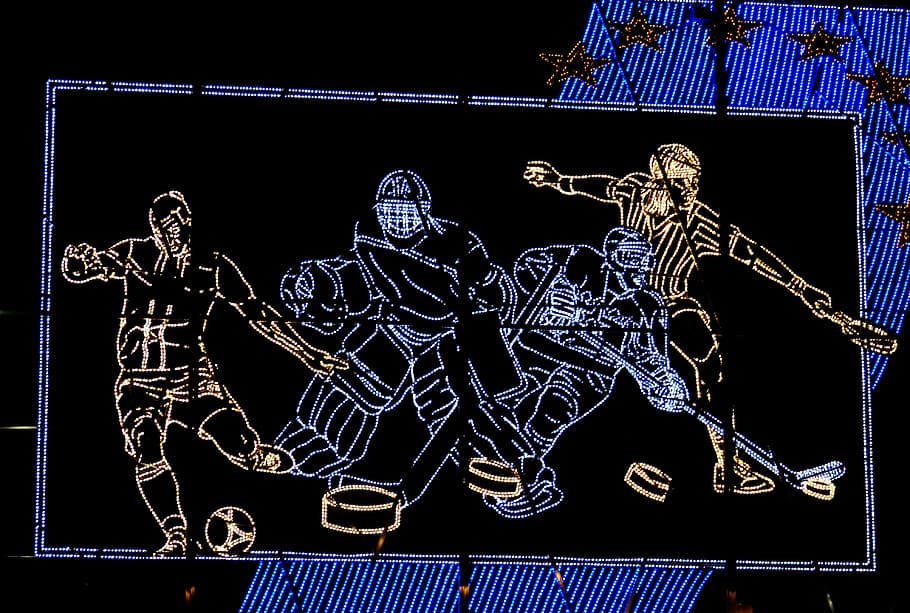 papan iklan, dioda pemancar cahaya, olahraga, hoki es, representasi, malam, biru, kreativitas, representasi manusia, langit