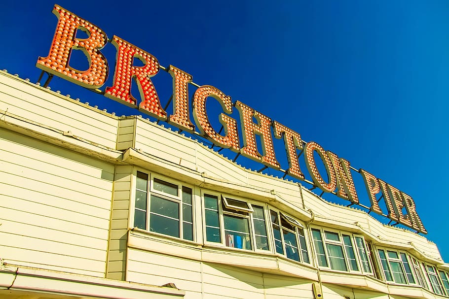 brighton pier signage, brighton pier, the inscription, building, architecture, building exterior, built structure, illuminated, city, sign